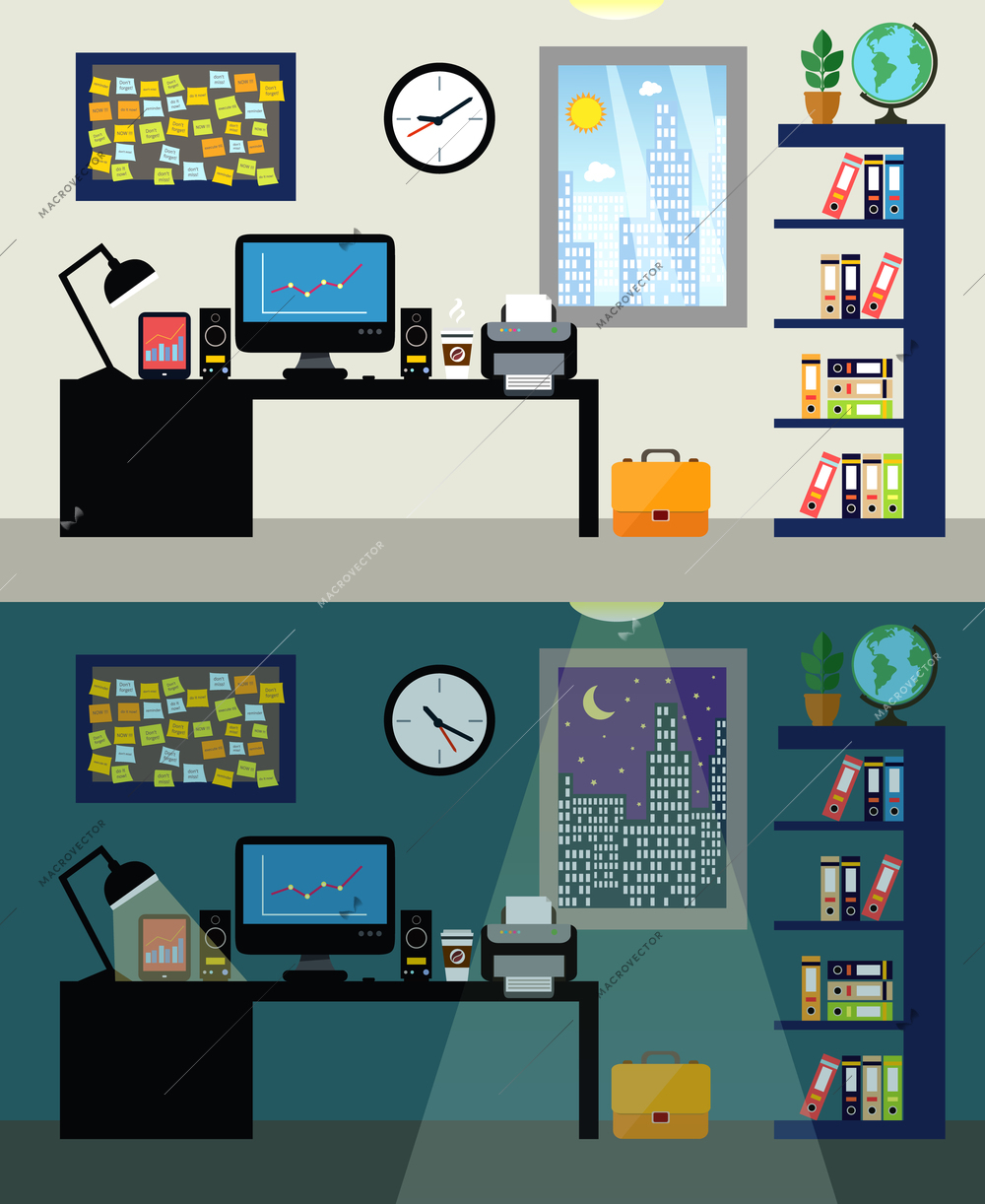 Empty office workplace day and night with work table computer and bookshelf vector illustration