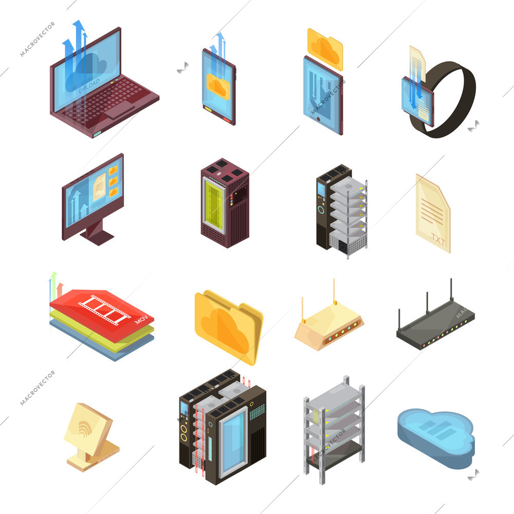 Data cloud isometric set with files, transfer information, computer and mobile devices, server, router isolated vector illustrations