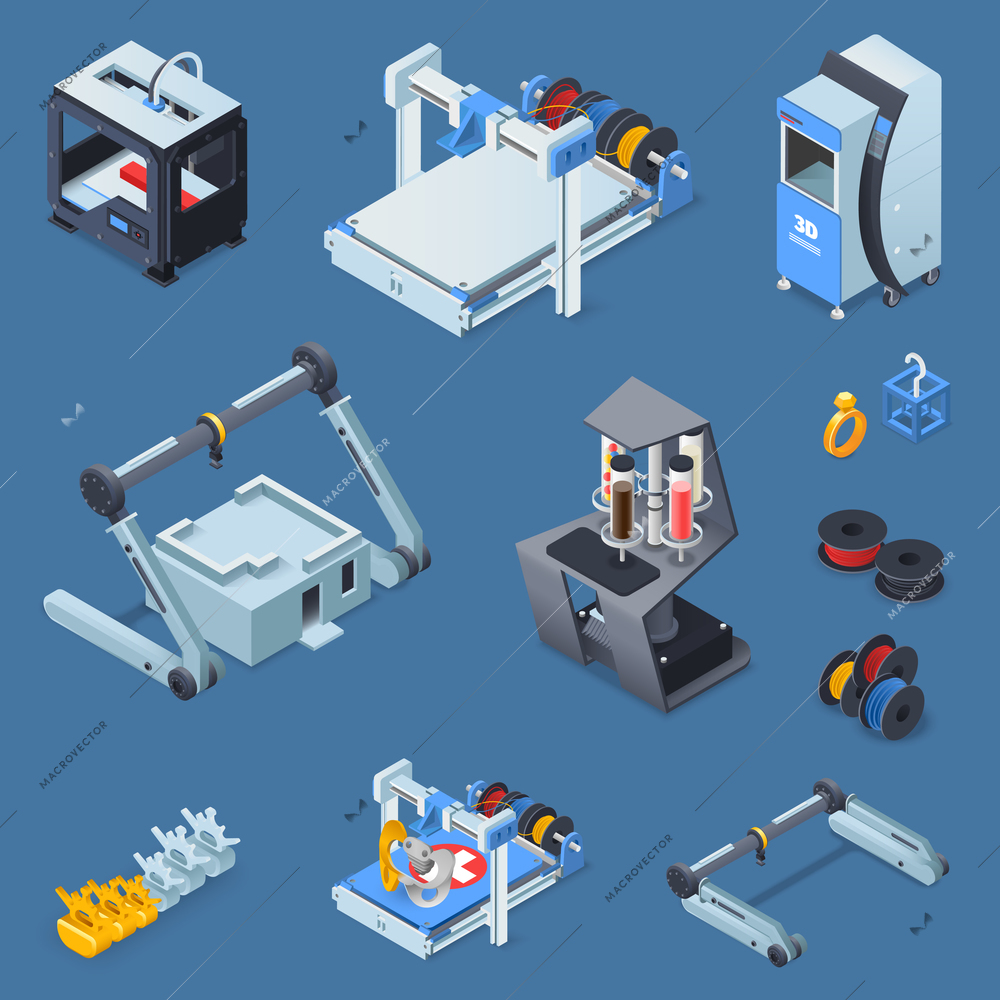 Printing isometric set with equipment on blue background isolated vector illustration