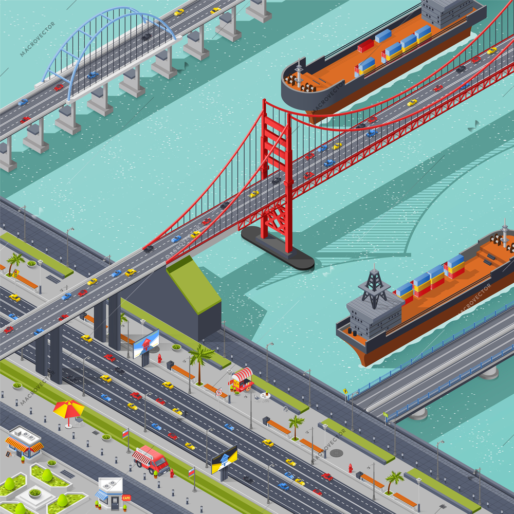 Bridges isometric composition with city traffic road and ships vector illustration