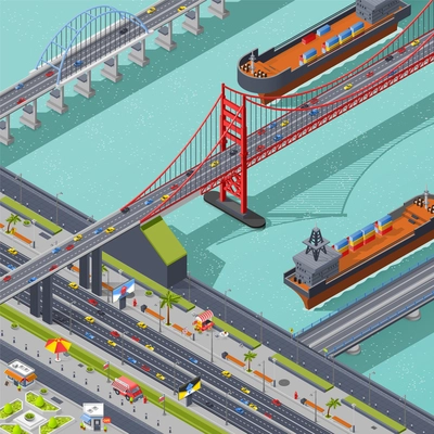 Bridges isometric composition with city traffic road and ships vector illustration