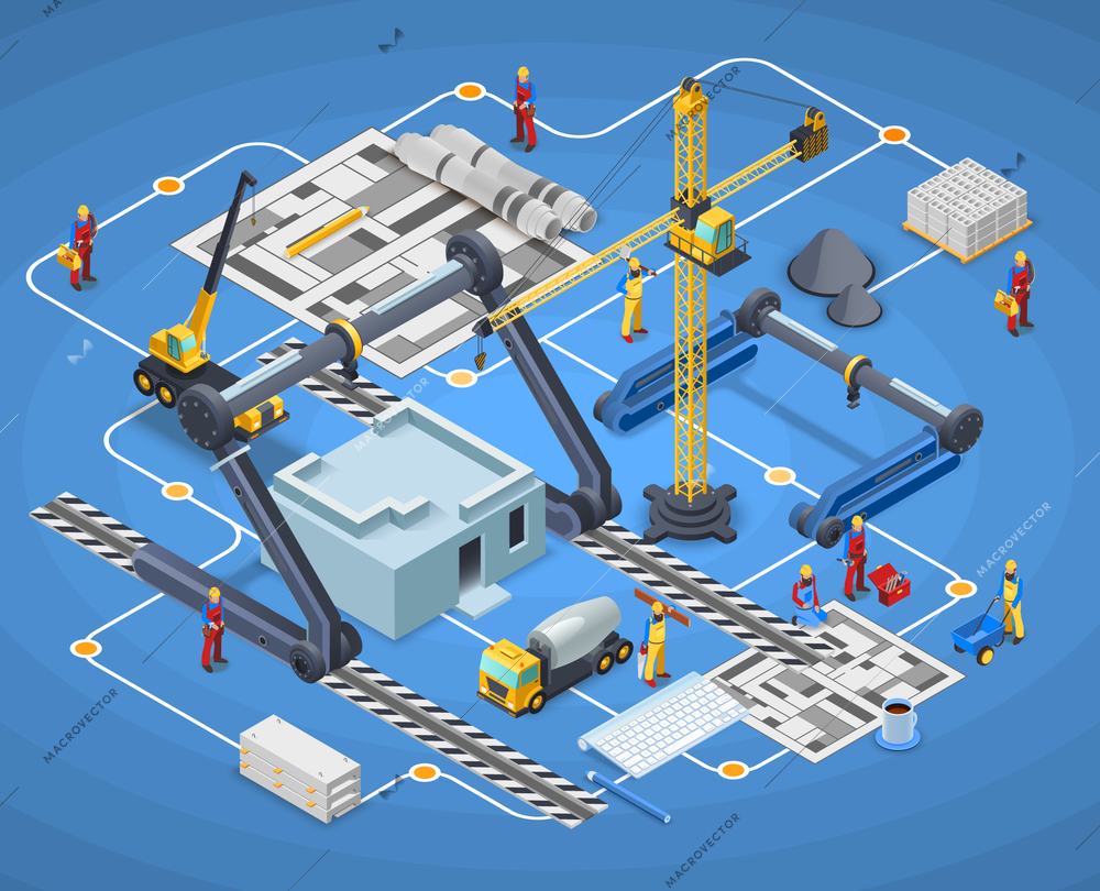 Printing isometric composition with building and construction symbols on blue background vector illustration