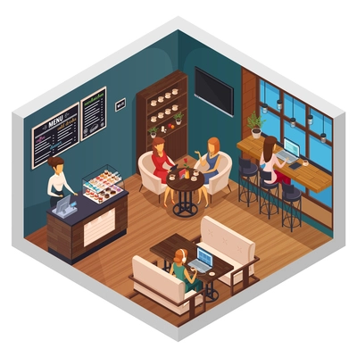 Internet cafe interior restaurant pizzeria bistro canteen isometric composition of visitors using wi-fi  on gadgets vector illustration