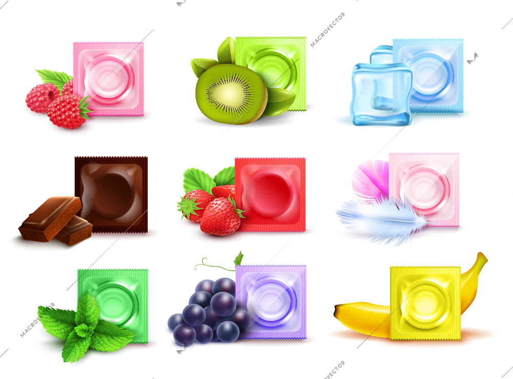 Realistic set of scented condoms in colorful packages with fresh fruit mint chocolate isolated on white background vector illustration