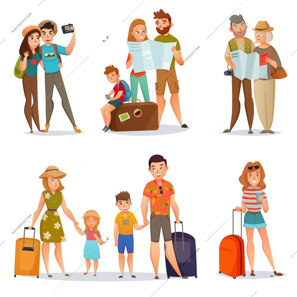 Set of traveling people with baggage and maps including families couples and young woman isolated vector illustration