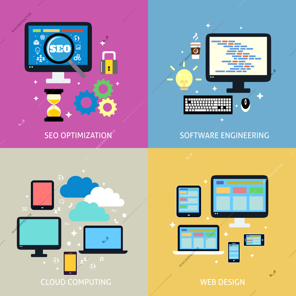 Business process concept of seo optimization programming cloud computing mobile and website design icons set vector illustration