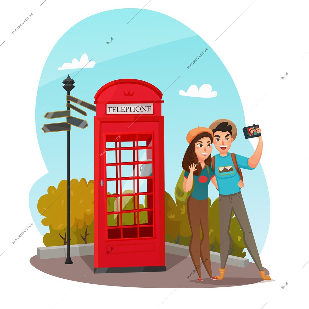 Composition with couple of smiling young travelers making selfie with red telephone box in summertime vector illustration