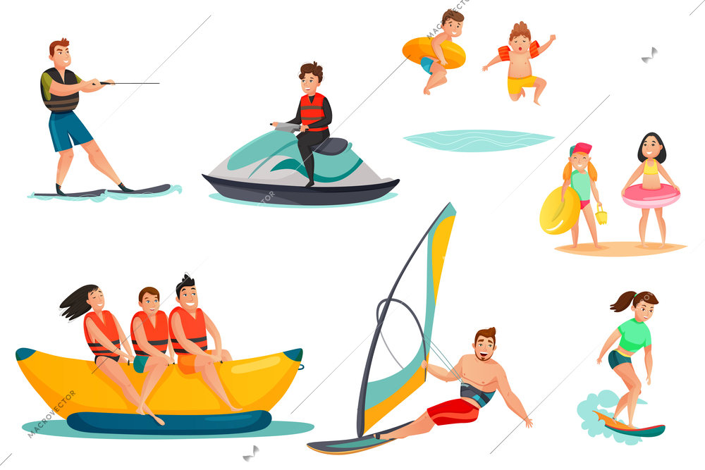 Summer water activities set including persons on banana boat motorcycle kids with rubber rings isolated vector illustration