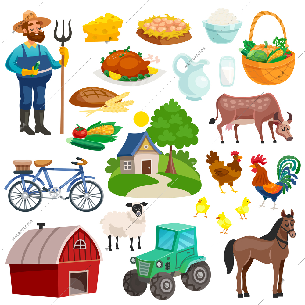 Collection of rural decorative cartoon icons with farmer with pitchfork farm animals  and dishes from natural products isolated vector illustration
