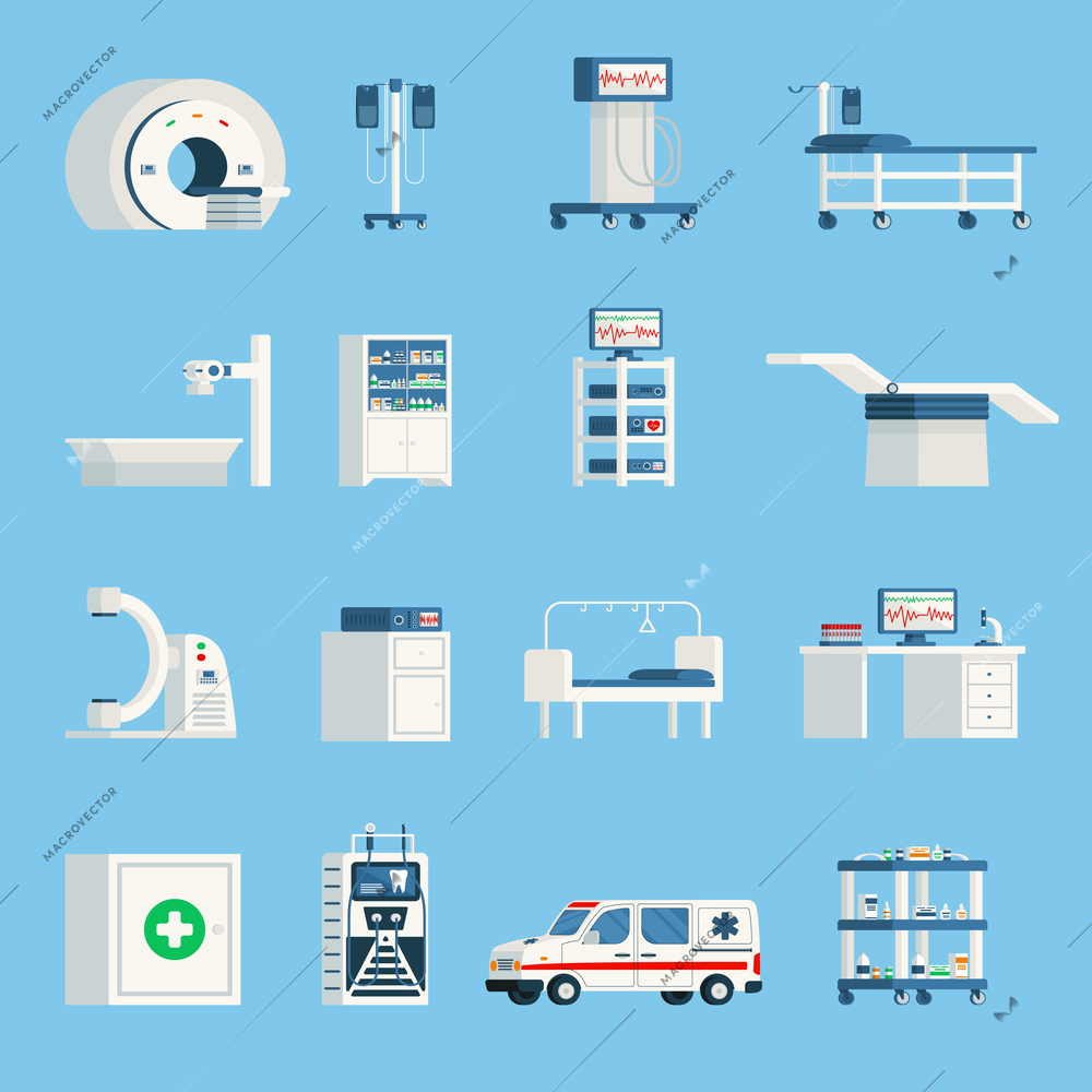 Hospital equipment orthogonal flat icons set of high-tech devices for surgery and examination of patient isolated vector illustration