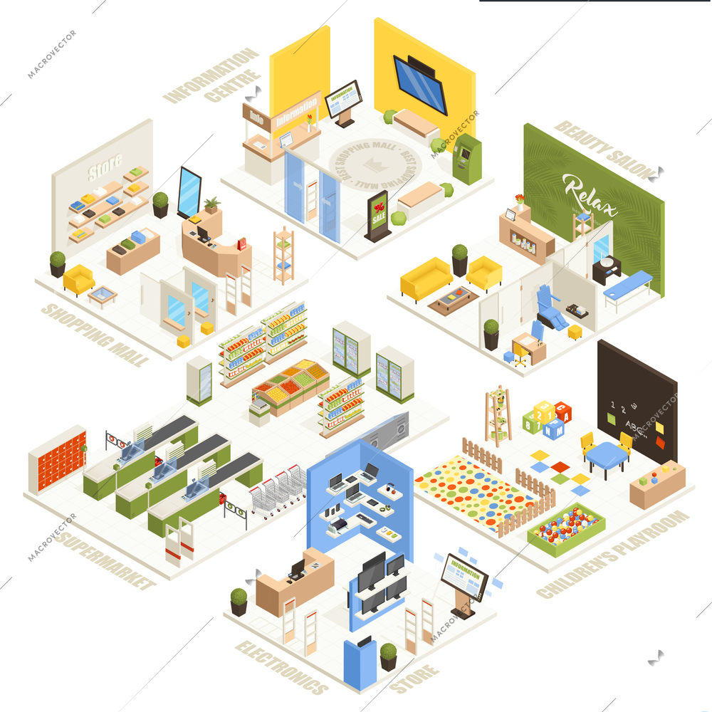 Shopping mall electronics store children playroom information  center supermarket and beauty salon isometric composition poster vector illustration