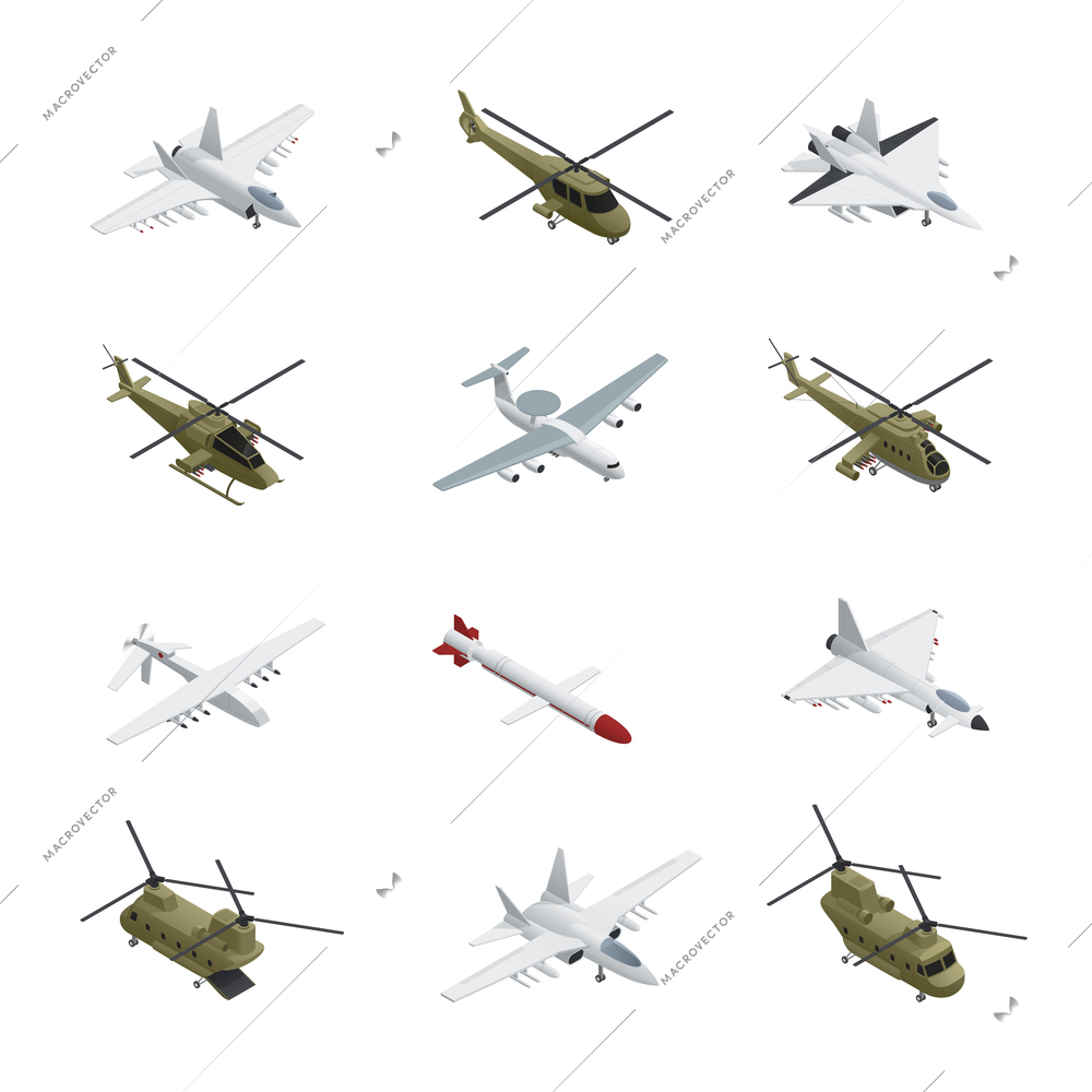 Military air force isometric icon set airplanes and helicopters with different types colors sizes and purposes