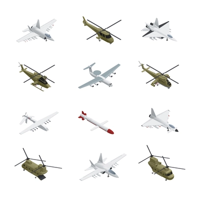 Military air force isometric icon set airplanes and helicopters with different types colors sizes and purposes