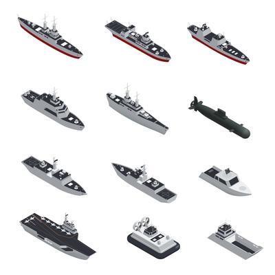 Dark color military boats isometric isolated icon set for different types of troops vector illustration