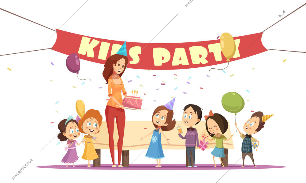 Motherhood concept and kids party with celebration symbols cartoon vector illustration