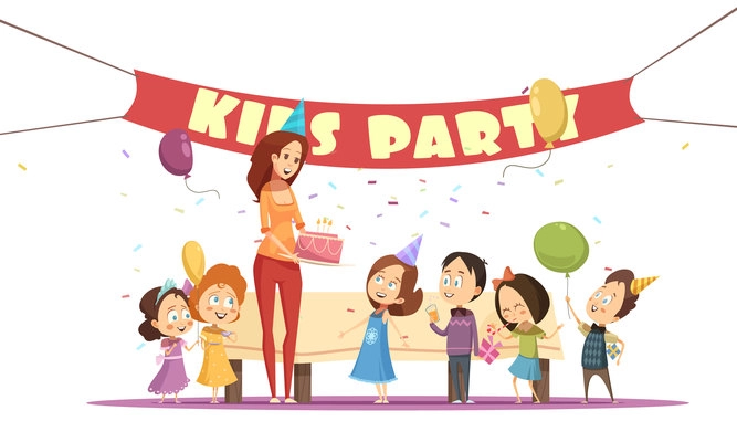 Motherhood concept and kids party with celebration symbols cartoon vector illustration