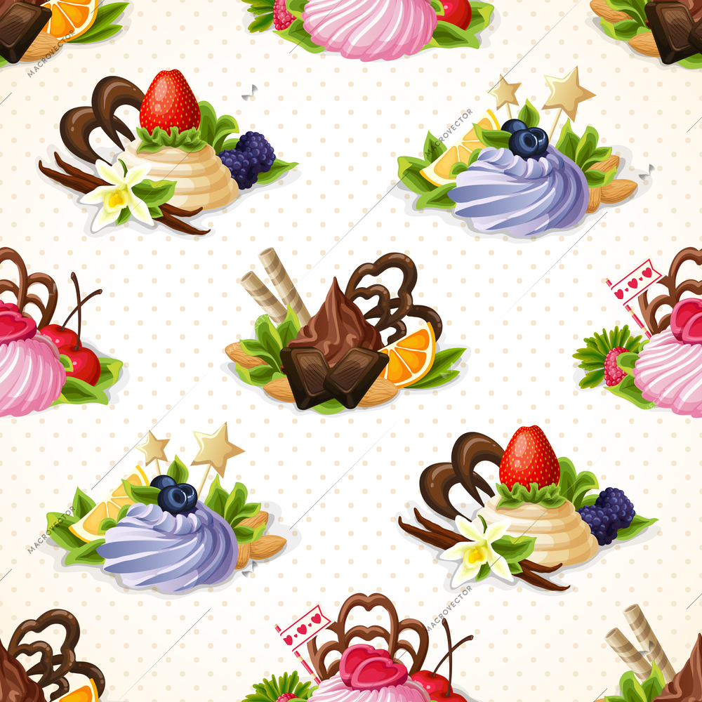 Decorative sweets dessert food seamless pattern with chocolate berry and vanilla cream vector illustration