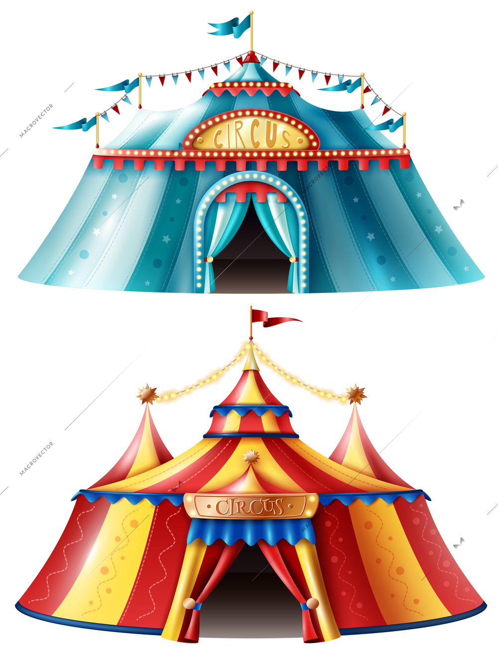 Two realistic circus tent icon set one is light blue and another is multicolored vector illustration