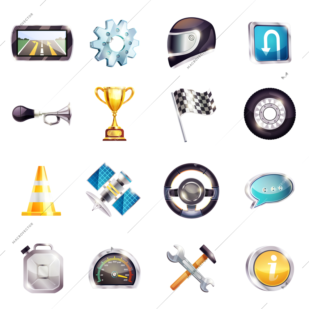 Set of auto racing elements including steering wheel, helmet, flag, road cone, speedometer, trophy isolated vector illustration