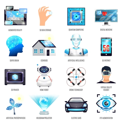 Technologies of future icons set including augmented reality, artificial photosynthesis and intelligence, electric car isolated vector illustration