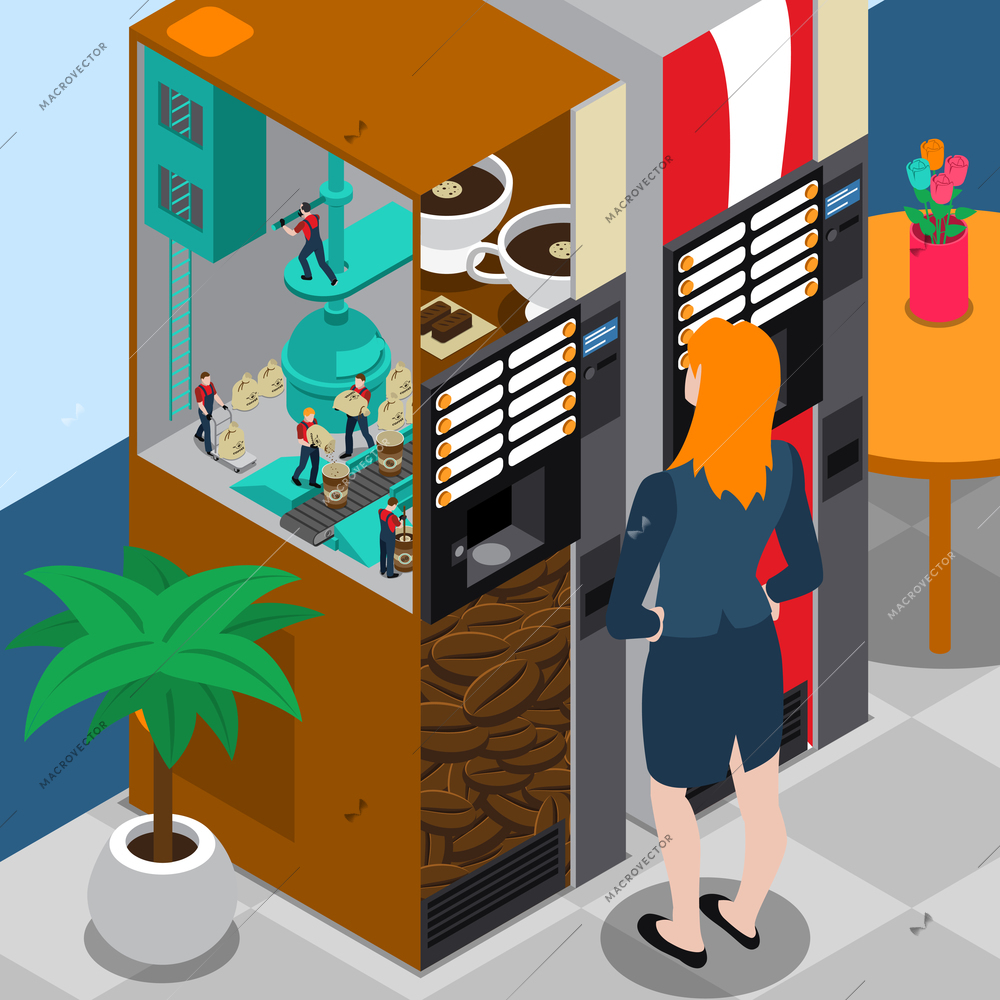 Coffee machine isometric concept with young woman standing near automatic machine and choosing drink vector illustration