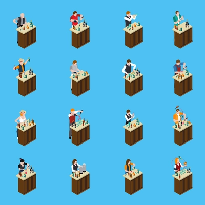 Barman isometric icons set with men and women standing at racks and pouring drinks isolated on blue background vector illustration