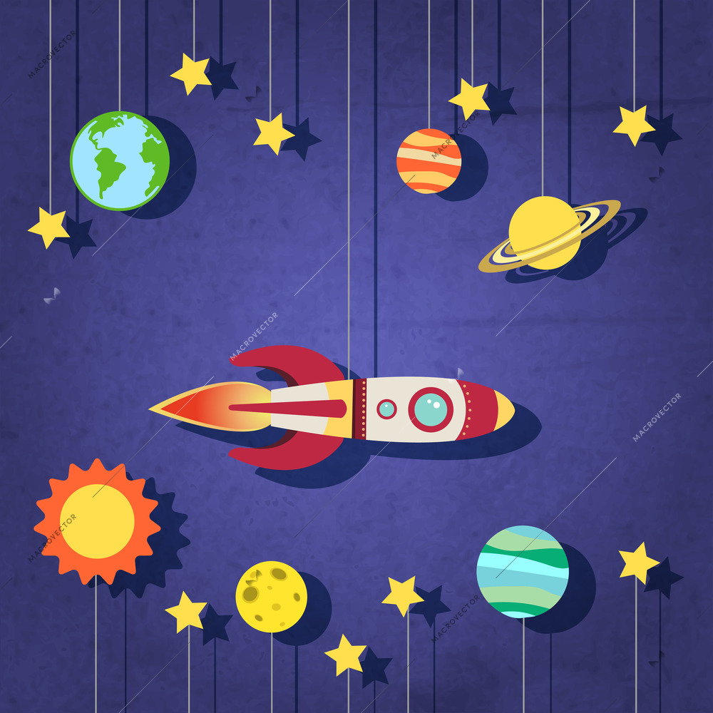 Paper rocket planets sun moon and stars in space background vector illustration