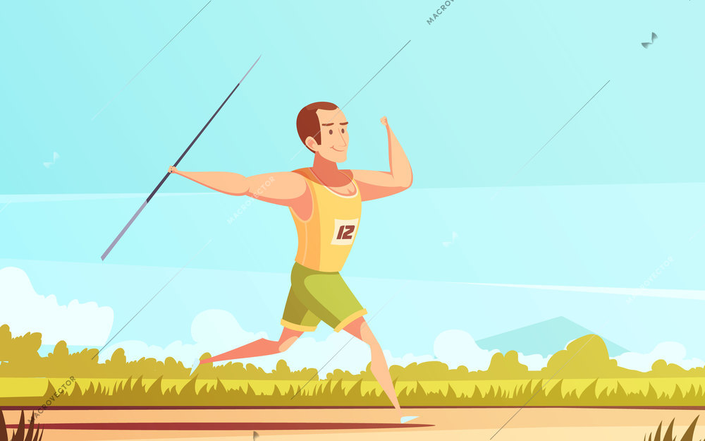 Sportsman retro cartoon composition with male human character running in field with javelin dart flinging spear vector illustration