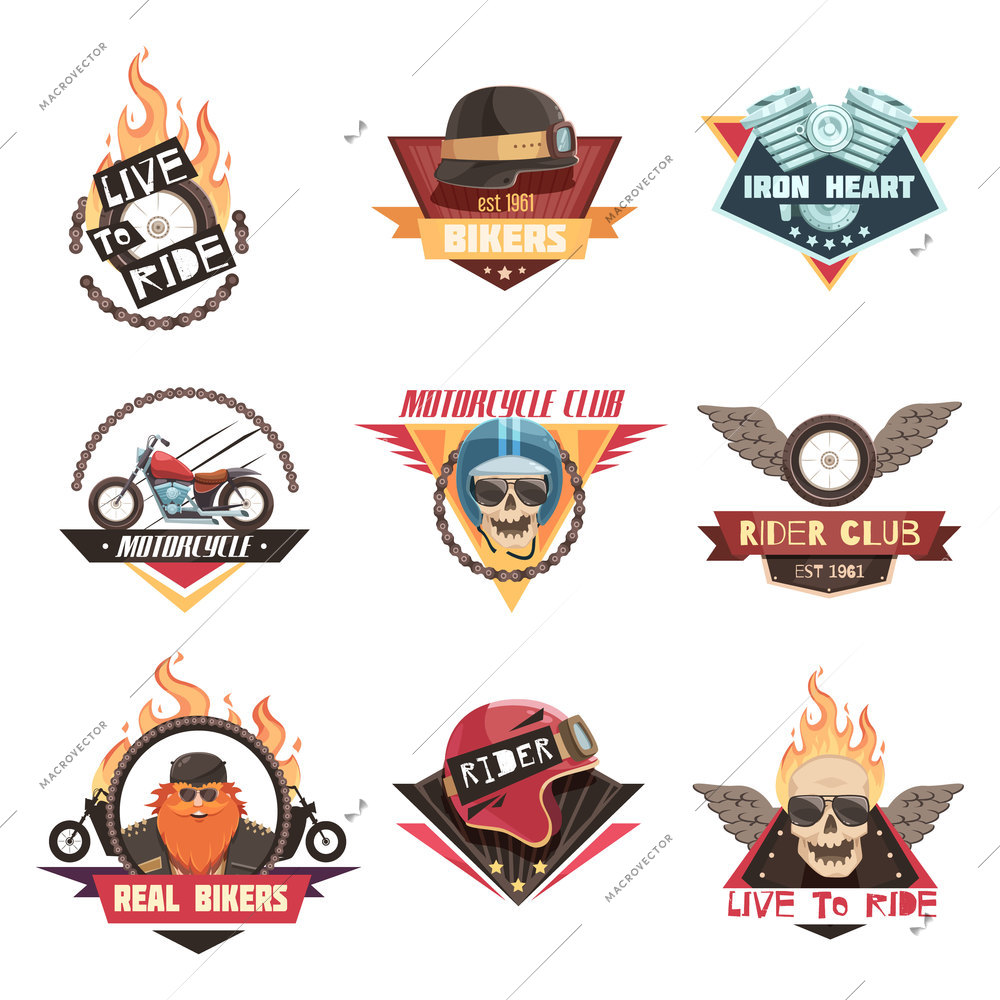 Rider labels set of nine flat isolated motorcycle club emblems with skull flame wings and wheels vector illustration