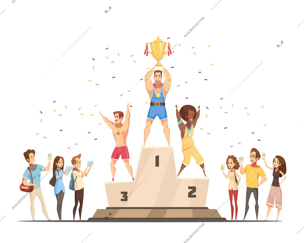 Podium winners man composition with journalists fans and male sportsman flat doodle style characters celebrating victory vector illustration