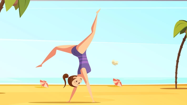 Sportswoman retro cartoon set with doodle style female character doing handstand on tropical beach landscape background vector illustration