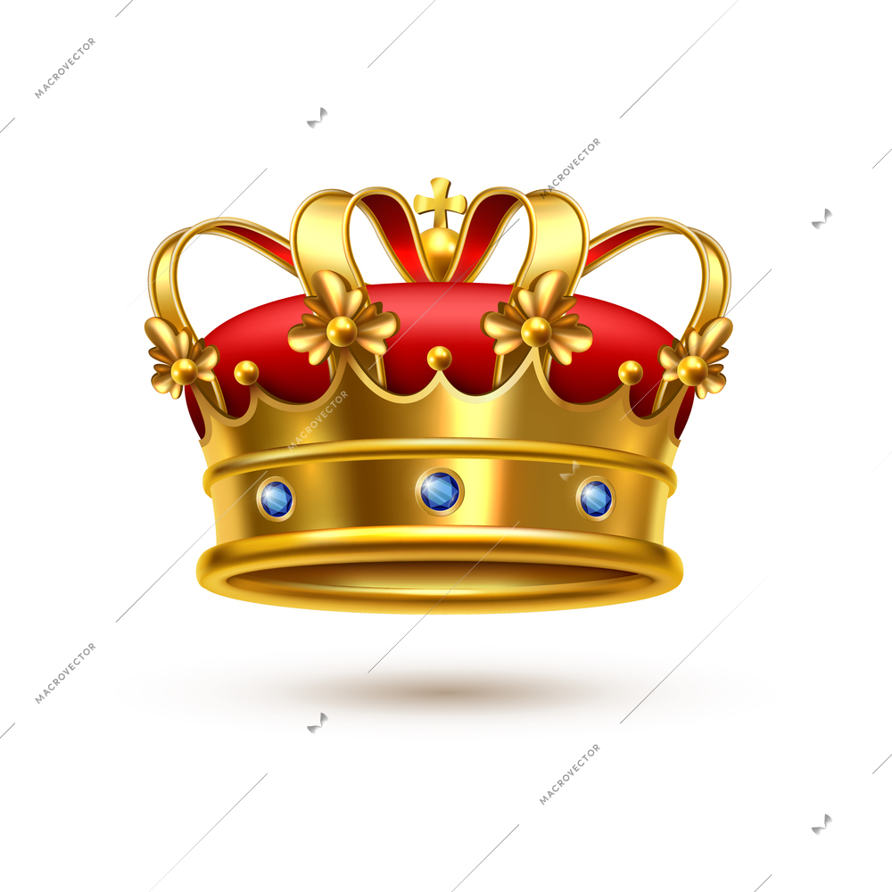 Royal ceremonial gold crown with gemstones and red velvet realistic single closeup isolated image vector illustration
