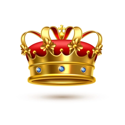 Royal ceremonial gold crown with gemstones and red velvet realistic single closeup isolated image vector illustration