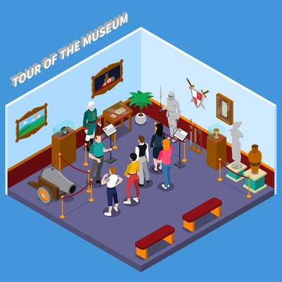 Tour of museum isometric composition with guide and group of visitors, warriors, weapon, ancient sculpture vector illustration