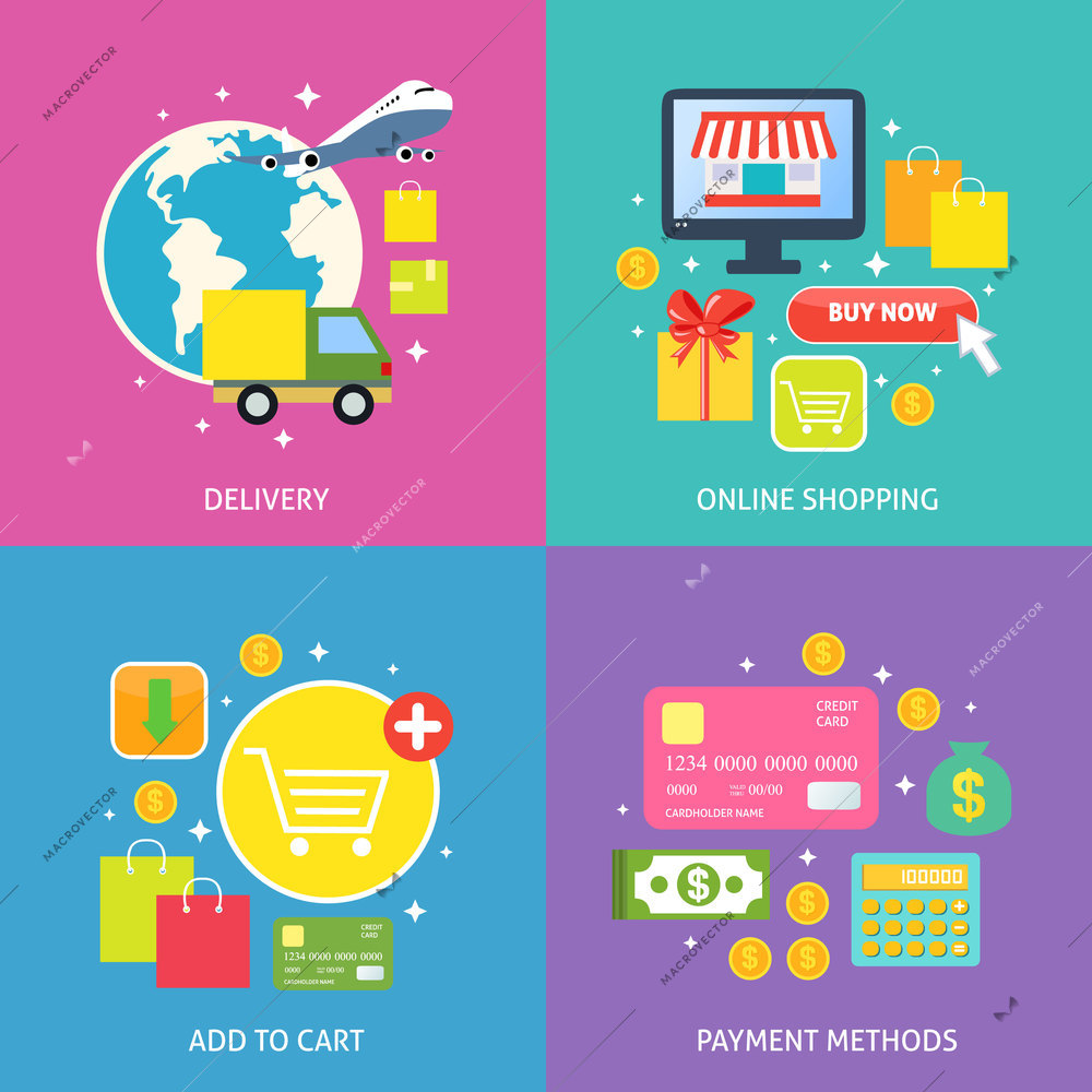 Business process concept of online internet shopping payment delivery flat icons set vector illustration