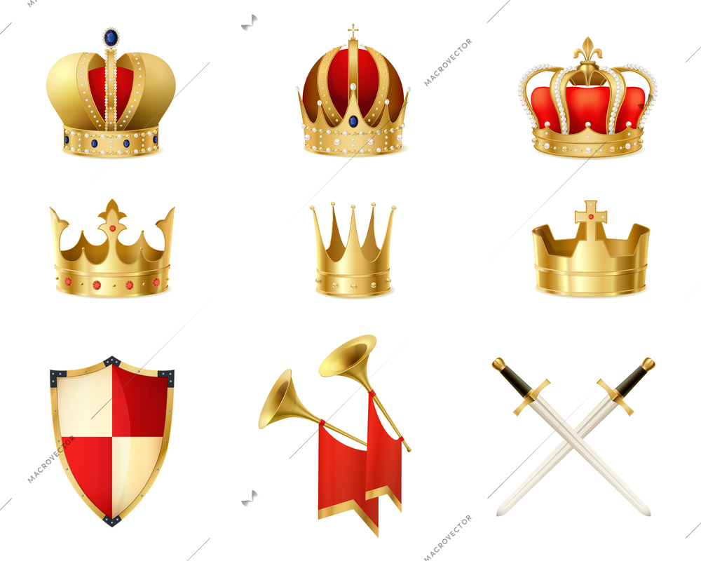 Set of realistic golden royal crowns decorated with precious stones heraldic shield and crossed swords isolated vector illustration