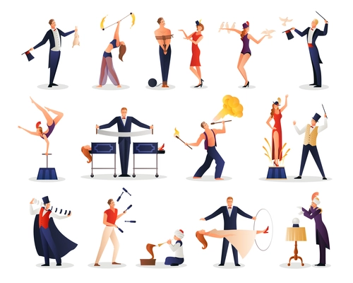 Magic show people set of juggler acrobat illusionist assistant colored figurines flat isolated vector illustration