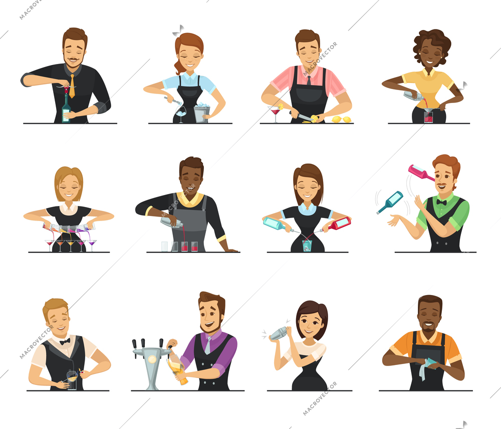 Set of cartoon male and female bartender characters mixing beverage on white background flat isolated vector illustration