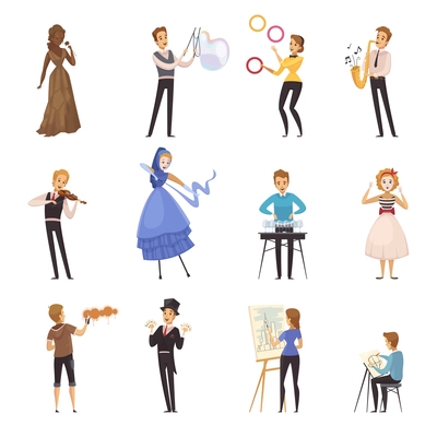 Street artists isolated cartoon icons with mime busker juggler painter musician illusionist colored figurines flat vector illustration