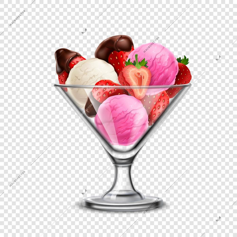 Colored ice cream in transparent glass bowl with fruits on transparent background vector illustration