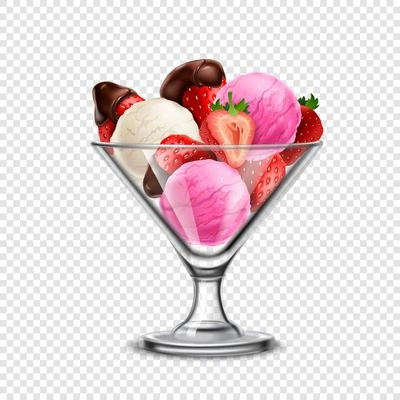Colored ice cream in transparent glass bowl with fruits on transparent background vector illustration