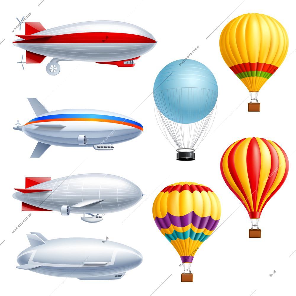 Airship realistic icon set with different types of planes dirigible and air balloons vector illustration