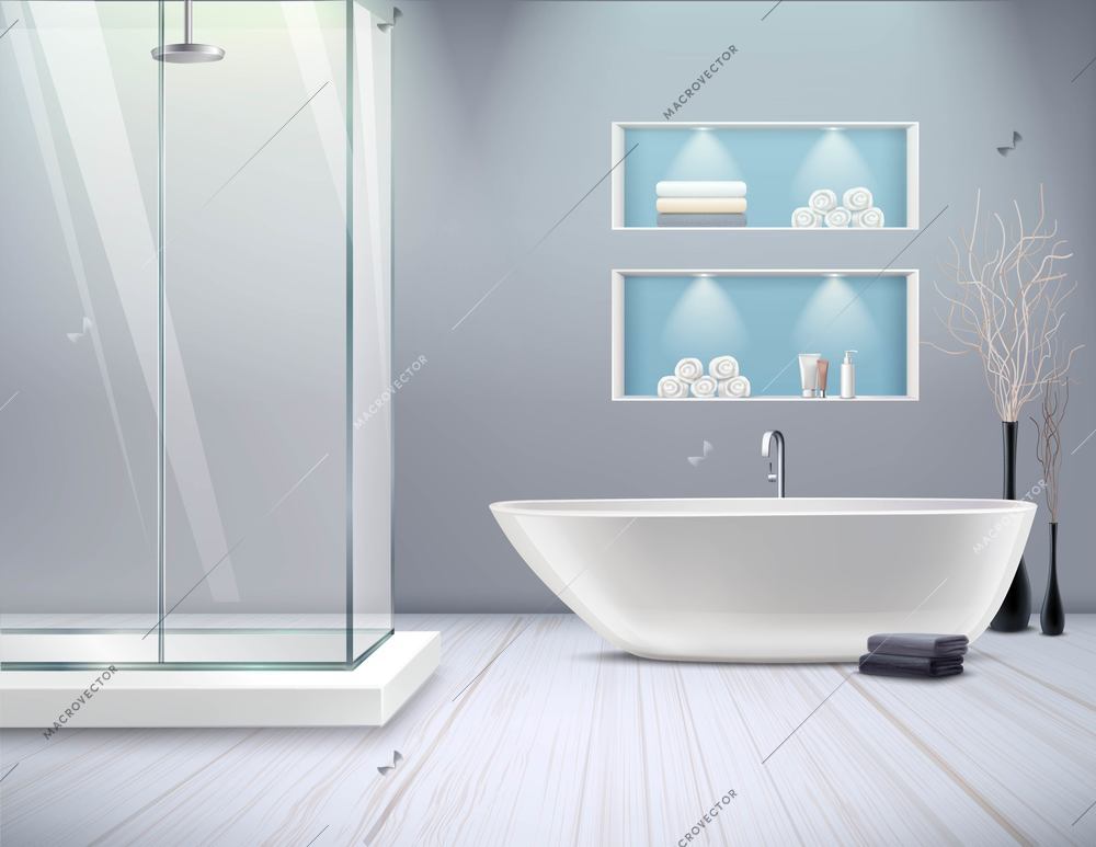 Realistic bathroom interior new stylish renovation in the bathroom with shower and bathtub vector illustration