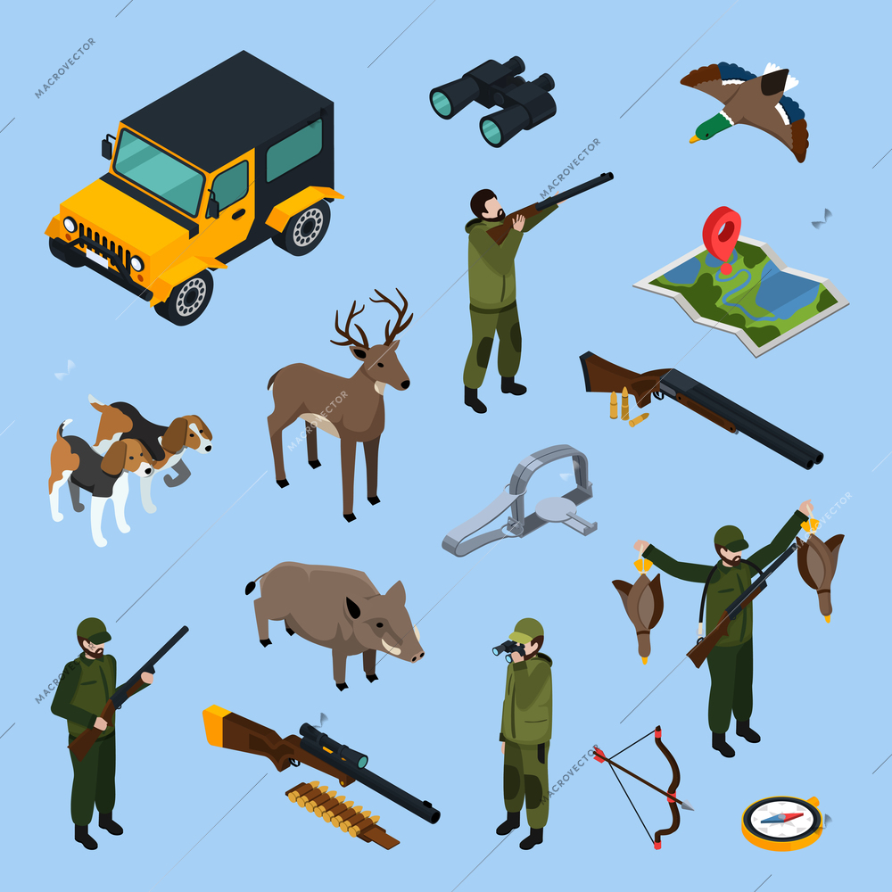 Colored and isolated hunting isometric icon set with attributes equipment and means of transport vector illustration