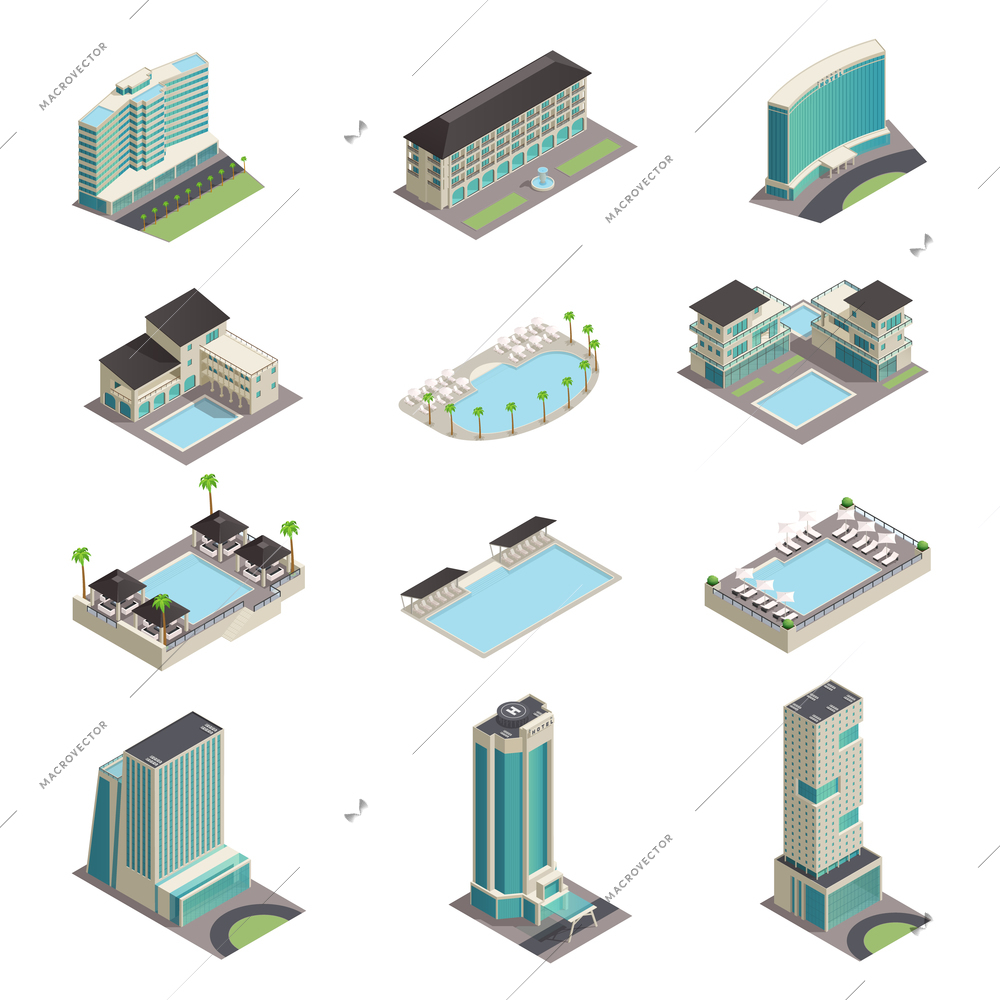 Luxury hotel buildings isometric icons with modern resort skyscrapers pools and relaxation area isolated vector illustration