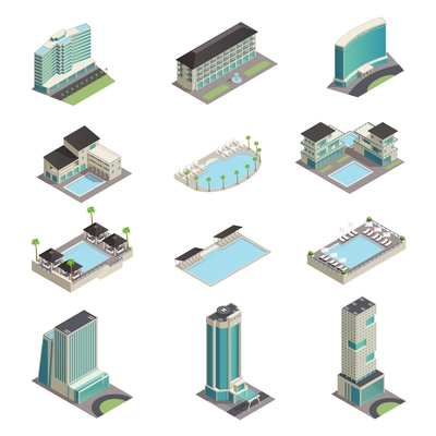 Luxury hotel buildings isometric icons with modern resort skyscrapers pools and relaxation area isolated vector illustration