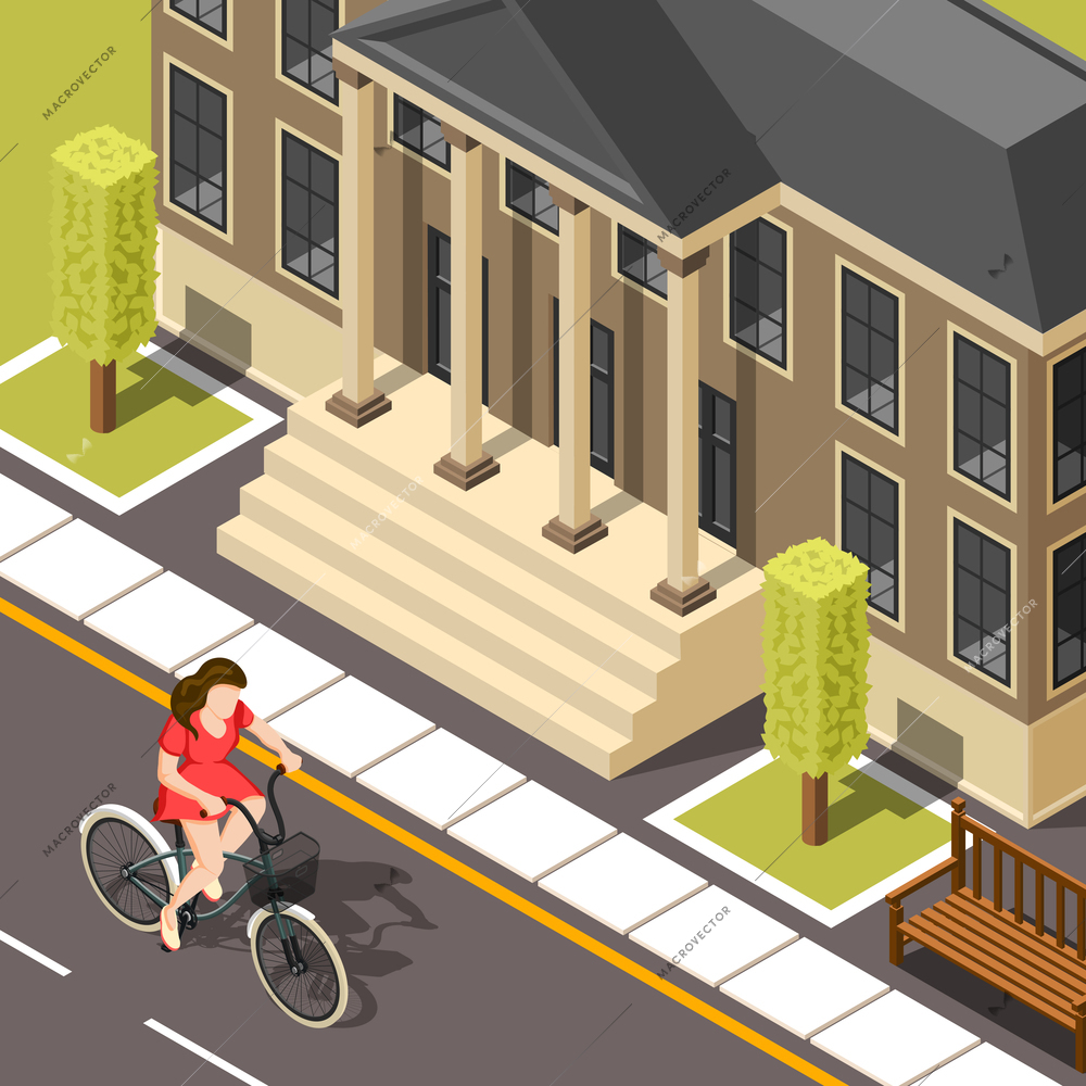 Cyclist isometric background with young girl riding bicycle within city past house with columns vector illustration