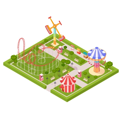 Amusement park design composition with circus tent roller coaster carousel giant swing cartoon isometric icons vector illustration