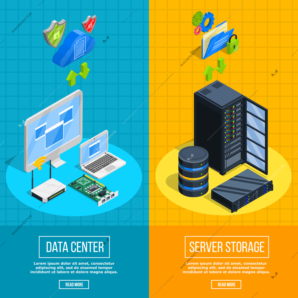 Set of two vertical datacenter banners with isometric client and server side equipment images vector illustration