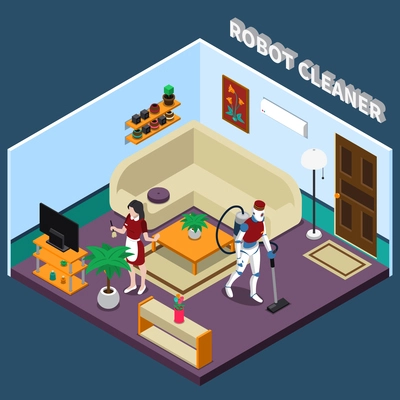 Robot professions 3d design concept with artificial housewife and cleaner in isometric home interior vector illustration
